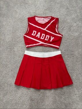 Red 'DADDY' Cheer Crop Top and Pleated Skirt Set
